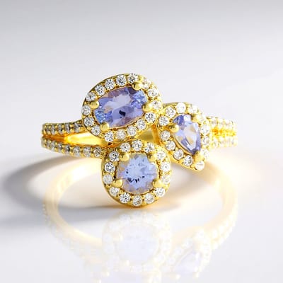 Cavill - Zilveren ring 18K goud verguld - 1,797 ct ovale Tanzaniet & ronde peervormige Zirkonia - elegant handgemaakt sieraad