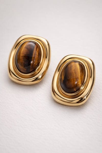 Lundholm Luxe Oorbellen Dames Goud kleurig Vintage Oorstekers met Steen Tijgeroog Natuursteen - Premium Stainless Steel PVD Gold Plated - Statement Oorknopjes - Cleo Serie - Scandinavisch Design