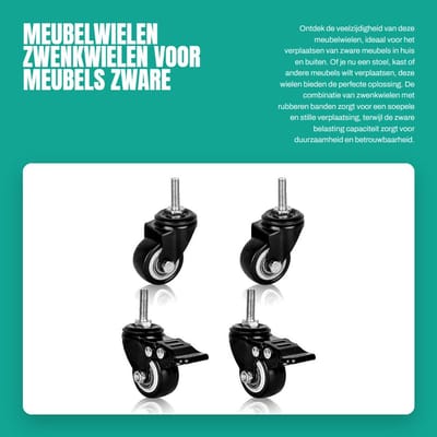 Dailygoods- Meubelwielen set van 4 - Zwenkwielen met rem - Zwenkwielen met schroefdraad - Zware wielen - Rubber - Geschikt voor meubels