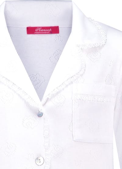 Exclusief Luxueus Kinder nachtkleding Luxe mooie zacht frisse witte Girly Pyjama van Hanssop met verfijnde kant rand details en een luxe kraag verwerking, Meisjes Pyjama, zacht wit in een ajour bloem design, maat 116