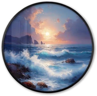Poster in lijst Rond - Fotolijst 60x60 cm - Posters - Golven - Zee - Kleurrijk - Rotsen - Ronde posterlijst zwart - Decoratie - Wanddecoratie woonkamer - Muurdecoratie slaapkamer
