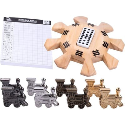 Domino Mexican Train Accessoires Set - 8 Metalen Treintjes - Houten Station - Scoreblok - Engelhart