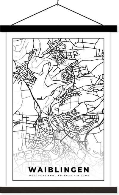 Posterhanger incl. Poster 40x60 cm - Schoolplaat - Plattegrond - Stadskaart - Waiblingen - Kaart - Textielposter - Zwarte latten - Stadskaart