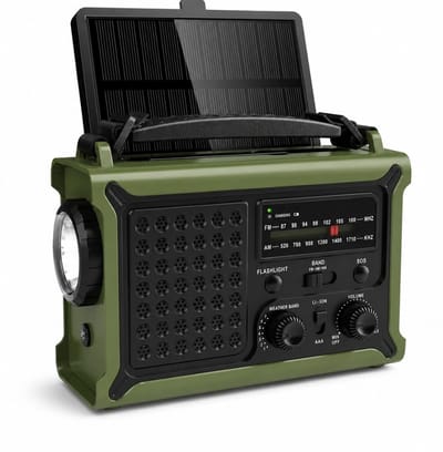 BSS® Opwindbare Radio AM/FM met Solar Opladen, Zwengelradio, 12000 mAh Powerbank, IPX6 Waterbestendig, USB/Type-C Oplader, Draagbare Noodradio voor Kamperen, Outdoor en Stroomuitval