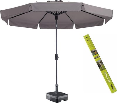 Ronde parasol taupe met voet en hoes! Madison Flores 300 cm | Kantelbare parasol Madison | 100% polyester doek