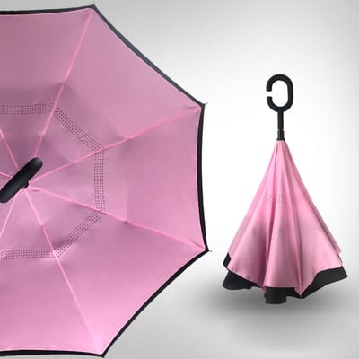 Parapluie Inversé Double Fibre Imperméable Léger Parapluie Inversé avec Poignée en Forme de C Gris rose