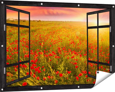 Gards Tuinposter Doorkijk Rode Klaproos Bloemenveld - Zonsondergang - 120x80 cm - Tuindoek - Tuindecoratie - Wanddecoratie buiten - Tuinschilderij