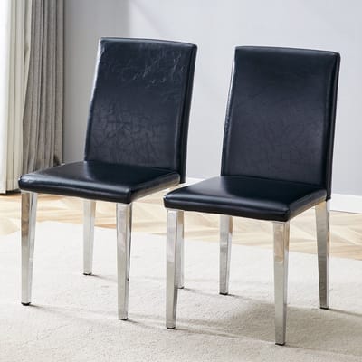 [Set van 2 minimalistische eetkamerstoelen] Europese lichtgewicht luxe in zwart en zilver: zwart PU-leer + zilverkleurige metalen poten, past perfect in moderne eetkamers, woonkamers en meer.