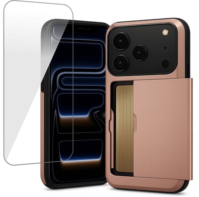 Hoesje met Pasjeshouder geschikt voor iPhone 17 Pro - Screen Protector GlassGuard - Back Cover SlideCase Roségoud & Screenprotector