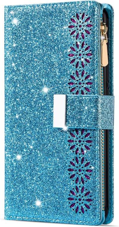 Hoesje geschikt voor iPhone 13 - Bookcase - Koord - Pasjeshouder - Portemonnee - Glitter - Bloemenpatroon - Kunstleer - Blauw