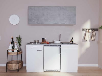 Goedkope keuken 150 cm - complete kleine keuken met apparatuur Malia - Wit/Beton - keramische kookplaat - koelkast - mini keuken - compacte keuken - keukenblok met apparatuur