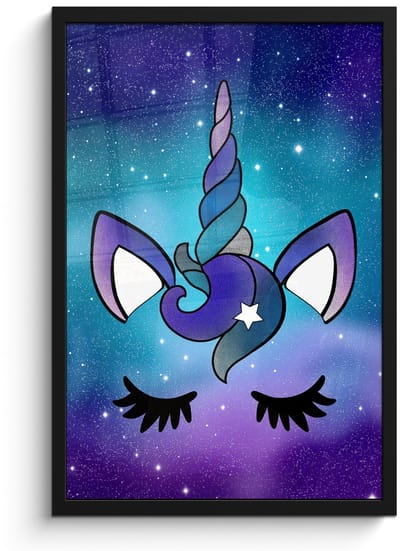 Poster in lijst - Fotolijst 40x60 cm - Posters - Eenhoorn - Sterrenhemel - Ster - Blauw - Posterlijst zwart - Decoratie - Wanddecoratie woonkamer - Muurdecoratie slaapkamer