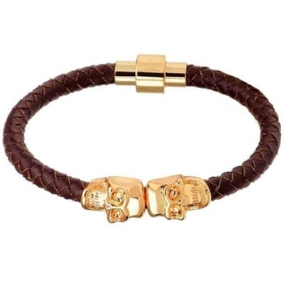 LGT Jewels Leren armband Edelstaal Twin Skull Goudkleurig Bruin