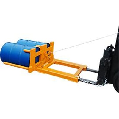 Vatenkantelaar Bauer type FW-II, voor 200 l vaten, 600 kg, kantelen d.m.v. staalkabel, vorkheftruck bevestiging, staal geel-oranje