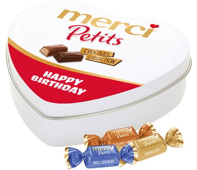merci Petits 115g "Happy Birthday" - Geschenkdoos hartje met mix van individueel verpakte mini chocolaatjes - Chocolade cadeau - Chocolade mix in tinbox