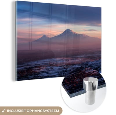 ® Glasschilderij 180x120 cm - Schilderij acrylglas - Panoramisch uitzicht op de Aziatische Ararat tijdens zonsondergang - Foto op glas - Muurdecoratie woonkamer - Wanddecoratie slaapkamer - Schilderijen