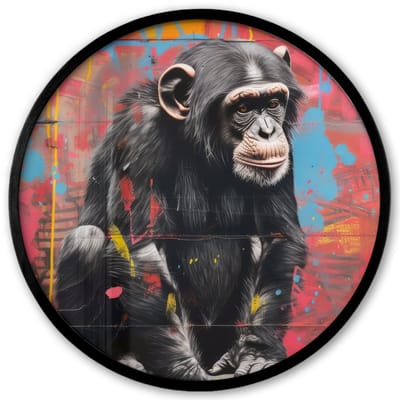 Poster in lijst Rond - Fotolijst 40x40 cm - Posters - Graffiti - Chimpansee - Aap - Dieren - Street art - Ronde posterlijst zwart - Decoratie - Wanddecoratie woonkamer - Muurdecoratie slaapkamer