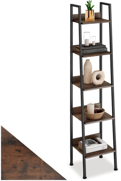 tectake® Wandrek Ladderrek Boekenrek met 4/5 Houten Planken - Slanke Open Staande Plank in Industrieel Design - Zwart Metalen Frame (Industrieel Donkerbruin, 35,5 x 31,5 x 170,5 cm)