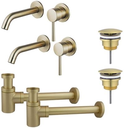 FugaFlow Eccelente Sobrado Badkamer Slim Wastafelkraanset - voor dubbele wastafel - inbouw wastafelkraan - always open plug - verlaagde design sifon - PVD Geborsteld Messing