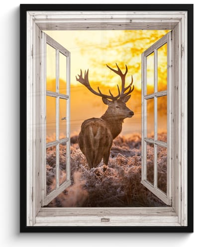 Poster in lijst - Fotolijst 50x70 cm - Posters - Hert - Herfst - Dieren - Natuur - Bos - Doorkijk - Posterlijst zwart - Decoratie - Wanddecoratie woonkamer - Muurdecoratie slaapkamer