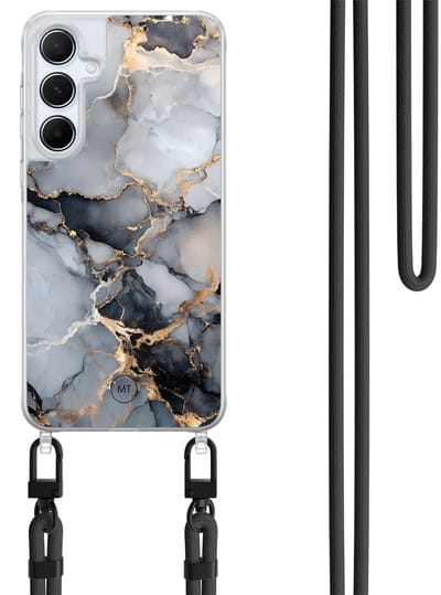 Hoesje met koord geschikt voor Samsung Galaxy A35 5G - Marble mist - Inclusief Zwart koord - Crossbody beschermhoes - Transparant, Grijs, Goud - Mooie Telefoonhoesjes