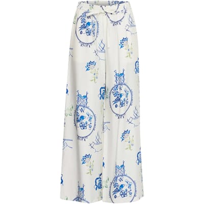 Wide Leg Chinoiserie Print Pants Wo - White Trousers