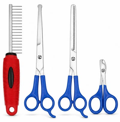 Guardian Beauty Schaar met Veilige Ronde Punt Complete Verzorgingsset voor Huisdieren, Duurzaam en Scherp Professioneel Uitdunschaar, Schaar met Veilige Ronde Punt, Ergonomische Nagelschaar, Roestvrijstalen Kam met Rode Handgreep en een Etui