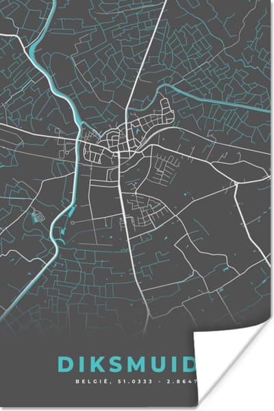 Poster Plattegrond – Diksmuide – Blauw – Stadskaart - Kaart - 120x180 cm XXL