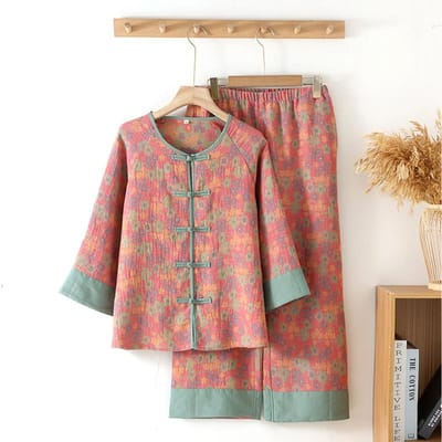 Katoenen jacquard gaas dames pyjama's lente lange mouwen broeken huishoudkleding FROG manchetten splitsen nachtkleding XL brown