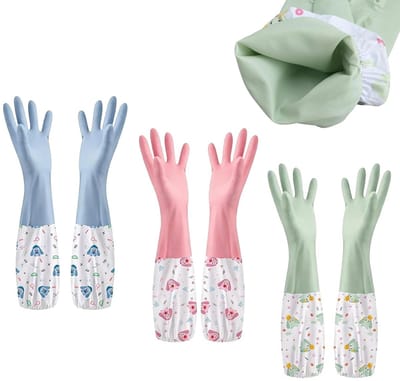 Set van 3 Lange Rubber Handschoenen, Waterdichte Afwas Handschoenen voor Keuken, Badkamer en Tuin, Chemisch Bestendig, Antislip, Duurzaam en Herbruikbaar, Roze Blauw Groen