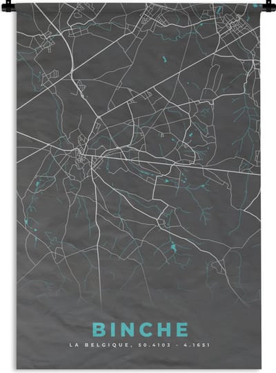 Wandkleed - Wanddoek - Plattegrond – Binche – Blauw – Stadskaart - Kaart - België - 120x180 cm - Wandtapijt