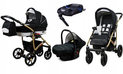 BabyLux® Kinderwagen 4in1 – LARGO - BLACK DOTS GOLD FRAME - Opklapbare Wandelwagen incl. Reiswieg, Multifunctionele Buggy Sportstoel, Autostoel, ISOFIX basisstation - Combi-kinderwagen met Luiertas, Regenhoes, Klamboe