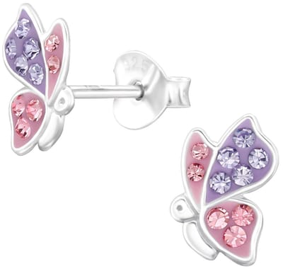 Joy|S - Zilveren vlinder oorbellen - 5.6 x 8.6 mm - paars roze met kristalletjes - kinderoorbellen