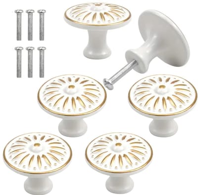 Furniture Knobs Wit met Goud 35MM - Set van 6 vintage knoppen - Ronde Kastknoppen Kastdeurtjes grepen