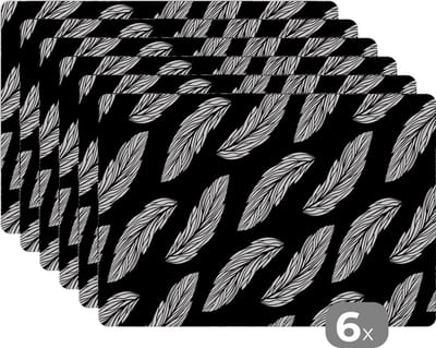 Placemat - Placemats kunststof - Patroon - Veren - Zwart Wit - 45x30 cm - 6 stuks - Hittebestendig - Anti-Slip - Onderlegger - Afneembaar