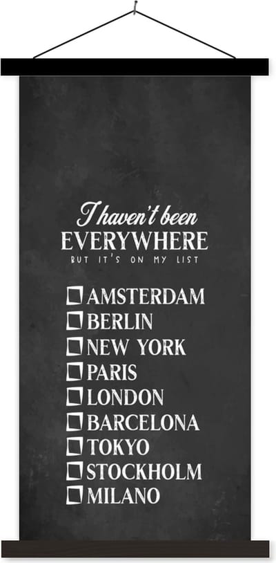 Posterhanger incl. Poster 40x80 cm - Schoolplaat - Spreuken - Quotes - I haven't been everywhere but it's on my list - Barcelona - Textielposter - Zwarte latten
