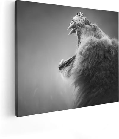 Artaza Canvas Schilderij Brullende Leeuw - Zwart Wit  - 100x80 - Groot - Foto Op Canvas - Canvas Print