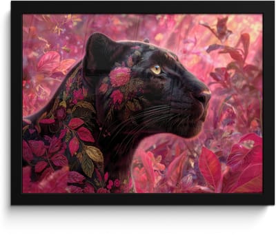 Poster in lijst - Fotolijst 40x30 cm - Posters - Luipaard - Bloemen - Roze - Posterlijst zwart - Decoratie - Wanddecoratie woonkamer - Muurdecoratie slaapkamer