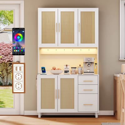 MODFU - Keuken Dressoir - App-Gestuurde Ledverlichting - Stopcontacten En Usb-Aansluiting - Verstelbare Planken - Wit - MDF - 183 cm
