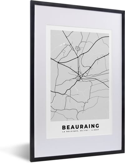 Fotolijst incl. Poster Zwart Wit- Stadskaart – Plattegrond – België – Zwart Wit – Beauraing – Kaart - 40x60 cm - Posterlijst