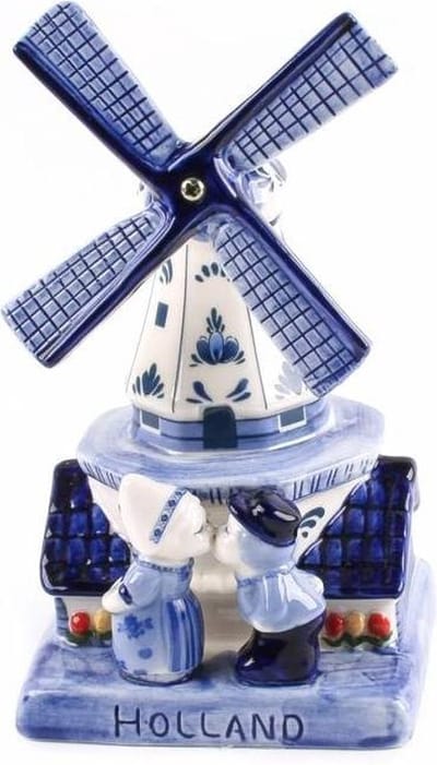 Beeldje Stellingmolen Kuspaar Delfts Blauw 12 Cm - Souvenir typisch Hollands