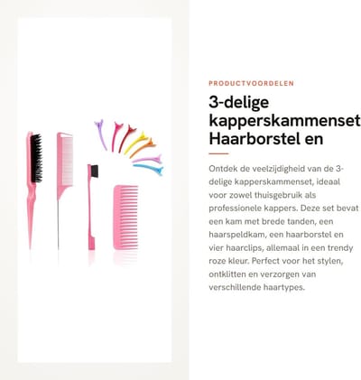 Dailygoods- Kapperskammenset 3-delig - Kam met brede tanden - Dubbelzijdige Borstel - Haarborstel - Staartkam - Haarclips 8 cm - Haarkammen