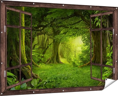 Gards Tuinposter Doorkijk Groene Tropische Jungle Bos - 180x120 cm - Tuindoek - Tuindecoratie - Wanddecoratie buiten - Tuinschilderij
