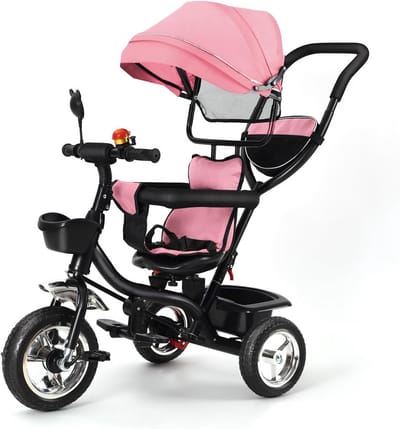 Uitbreidbare driewieler voor baby's met duwstang en zonneklep
