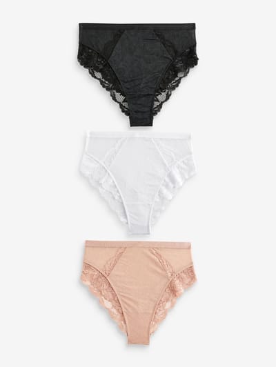 Next - Dames - Set van 3 hoog uitgesneden slips met kanten rand en hoge taille - Zwart