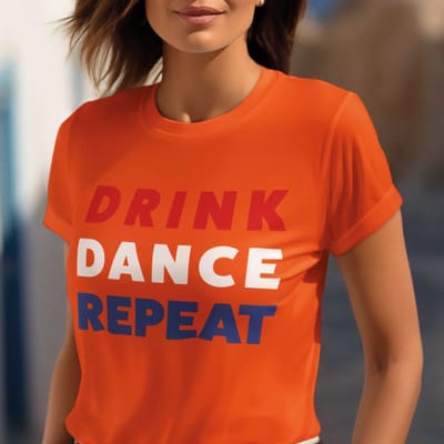 Oranje Koningsdag Dames T-Shirt Drink, Dance, Repeat XS