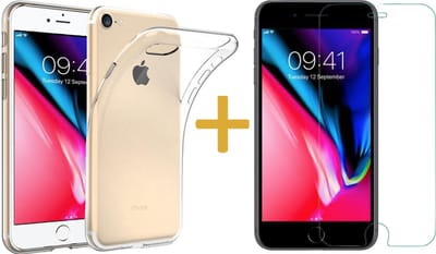 Hoesje geschikt voor Apple iPhone 8 - Siliconen Transparant Hoesje Gel Soft TPU Case Backcover + Tempered Glass Screenprotector 2,5D 9H (Gehard Glas) - 360 graden protectie
