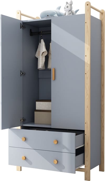 Kledingkast - ROLIPO - 2-deurs garderobekast met kledingroede en 2 lades - slaapkamerkast / opbergkast slaapkamer - voor slaapkamer, hal en kinderkamer - blauw naturel - 90 x 45 x 180 cm