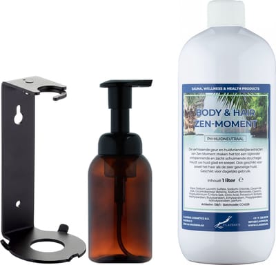 Zeepdispenser 300 ml amber bruin hervulbaar + 1 liter Body & Hair Zen Moment navulling (inclusief beugel)