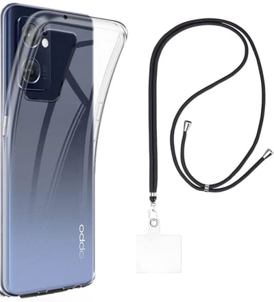 Set met hoesje en nekband voor oppo find x5 lite / reno 7 5g - Flexibele, transparante TPU-bescherming, verstelbare universele nekband voor mobiele telefoons, zwarte nekband, transparante draagriem van Phonillico®